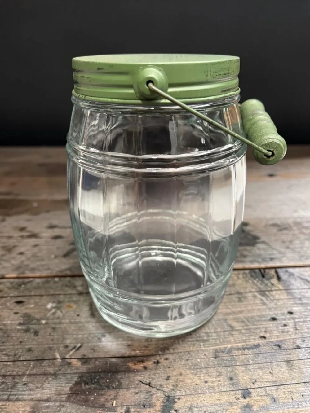 Vintage Glass Barrel Style  Jar With Green Metal Lid & Wood Handle - Rustic Farm